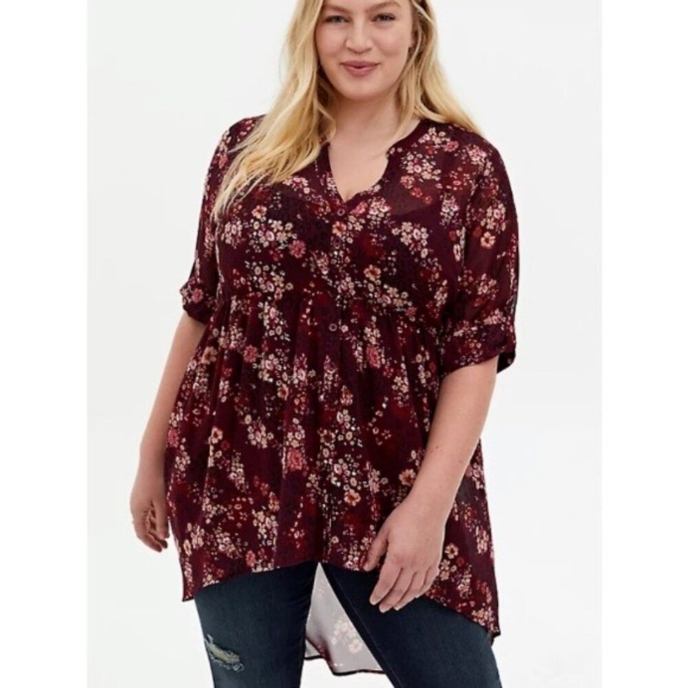 Torrid Red Pink Floral V-Neck Button Up 3/4 Sleeve Roll Tab Blouse Top 00 10 M/L